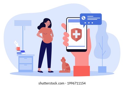 Calling ambulance in case of contractions. Flat vector illustration. Pregnant woman holding on to belly, hand holding smartphone with medical care sign on screen. Birth, emergency, medicine concept