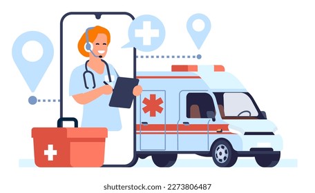 Calling ambulance using cell phone and hospital operator. Smartphone screen. Mobile communication with emergency paramedics. Clinic rescue vehicle. Contact with doctor