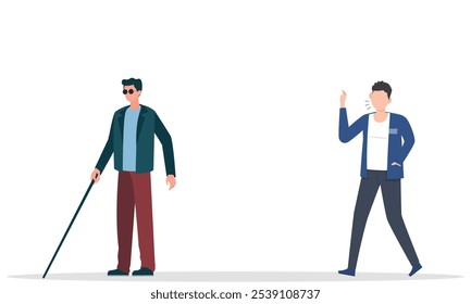 Calling blind man and employer boss calling blind employee to join work suited person calling vision disabled person with risind hand to draw attention. support for vision-disabled individuals .