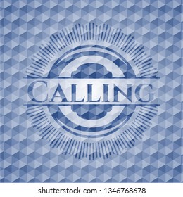 Calling blue emblem or badge with abstract geometric polygonal pattern background.