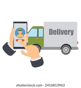 Calling a courier in a delivery car on a mobile phone. Delivery service on a smartphone, vector illustration
