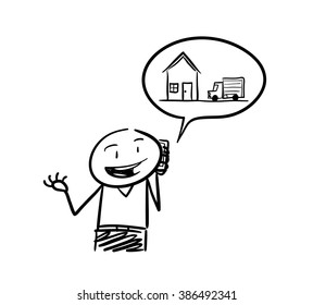 Calling the Delivery Service, a hand drawn vector doodle illustration of a stick figure calling the delivery service (the stick figure and the narration bubble are on separate groups for easy editing)