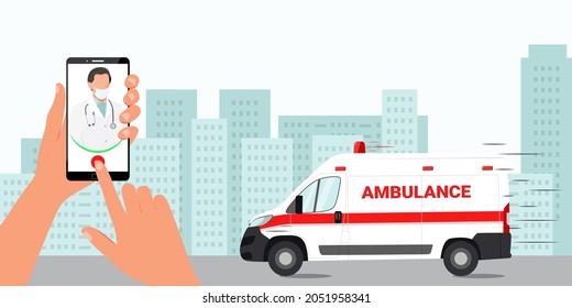 Calling a doctor by phone. The ambulance is on call. Vector illustration