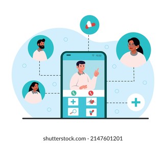 Calling Doctor Concept. Application For Health Assessment And Diagnosis. Modern Technologies And Digital World. Distant Communication With Doctor, Medical Specialist. Cartoon Flat Vector Illustration