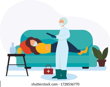 Calling a doctor at home. Visiting a doctor at home. The girl is ill. An outbreak of coronavirus. Protection from the virus. Vector illustration in flat style.