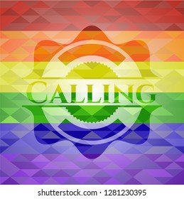Calling emblem on mosaic background with the colors of the LGBT flag