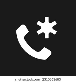 Calling emergency dark mode glyph ui icon. Urgent first aid. User interface design. White silhouette symbol on black space. Solid pictogram for web, mobile. Vector isolated illustration