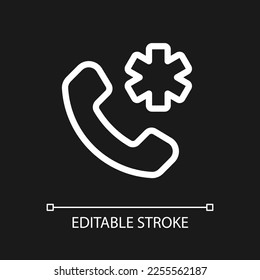 Calling emergency pixel perfect white linear ui icon for dark theme. Urgent first aid. Vector line pictogram. Isolated user interface symbol for night mode. Editable stroke. Arial font used