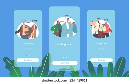 Calling Face Mobile App Page Onboard Screen Template. Characters In Mall With Security Camera Surveillance Cctv System. Identification Facial Recognition Concept. Cartoon People Vector Illustration