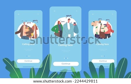 Calling Face Mobile App Page Onboard Screen Template. Characters In Mall With Security Camera Surveillance Cctv System. Identification Facial Recognition Concept. Cartoon People Vector Illustration