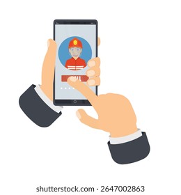 Chamando bombeiros no celular. Serviço de emergência, ilustração vetorial.