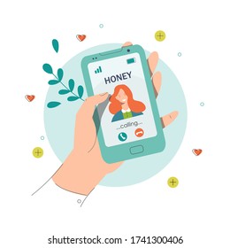 Llamar a una novia con la mano de un smartphone sosteniendo un teléfono celular Llamar a un ser querido usando el teléfono móvil Diseño plano Vector aislado en fondo blanco