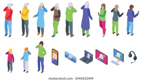 Calling granny icons set isometric vector. Speaking telephone. Social family