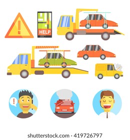 Calling For Help Evacuating The Car Infographic Flat Simplified Multicolor Vector Illustration On White Background