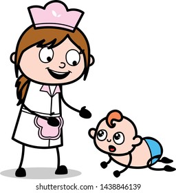 Calling Her Baby - Retro Cartoon Waitress Female Chef Vector Illustration