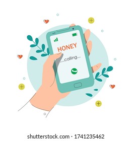 Calling loved one on smartphone Hand holding cellphone Calling girlfriend by using mobile phone  Vector flat design isolated on white background