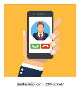 Calling Man By Smartphone in Pixel Art Style