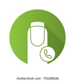 Calling to nail salon flat design long shadow glyph icon. Making appointment with manicurist. French manicure and handset. Vector silhouette illustration