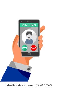 Calling on the phone - vector drawing of a ringing mobile phone with image of caller. Life choices metaphor- to accept or reject