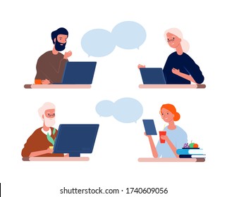 Calling to parents. Man woman talk with old mother and father. Call home, family online video conference vector illustration