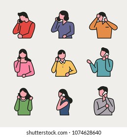 calling people line character icons. vector illustration flat design