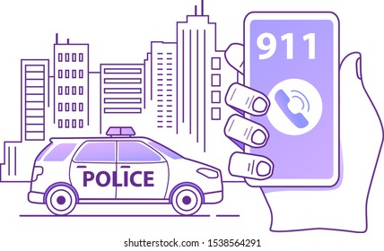 Calling a police patrol car. Hand holds smartphone. Mobile emergency application.Outline flat vector illustration.Isolated on a white background.Vehicle side view.