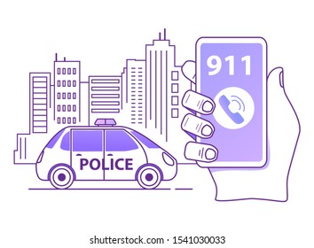 Calling a police patrol car. Hand holds smartphone. Mobile emergency application.Outline flat vector illustration.