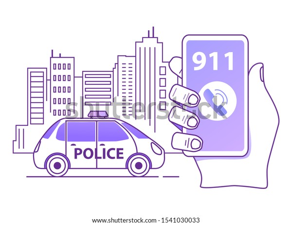 Calling a\
police patrol car. Hand holds smartphone. Mobile emergency\
application.Outline flat vector\
illustration.