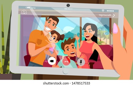 Calling relatives from seaside resort illustration. Young parents with teenager son, toddler daughter making video call. Using modern communications technologies, online telephony