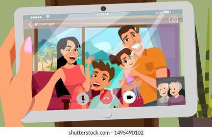 Calling relatives from seaside resort illustration. Young parents with teenager son, toddler daughter making video call to grandparents. Using modern communications technologies, online telephony