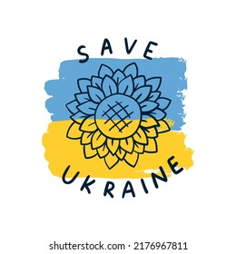 Rufen Sie an, die Ukraine zu retten. Sonnenblumen auf Blau und Gelb der ukrainischen Flagge. Vektorgrafik einzeln auf weißem Hintergrund.