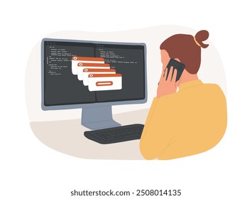 Calling support specialist isolated cartoon vector illustrations. Man calling system administrator to fix computer software error, IT technology, hardware maintenance vector cartoon.