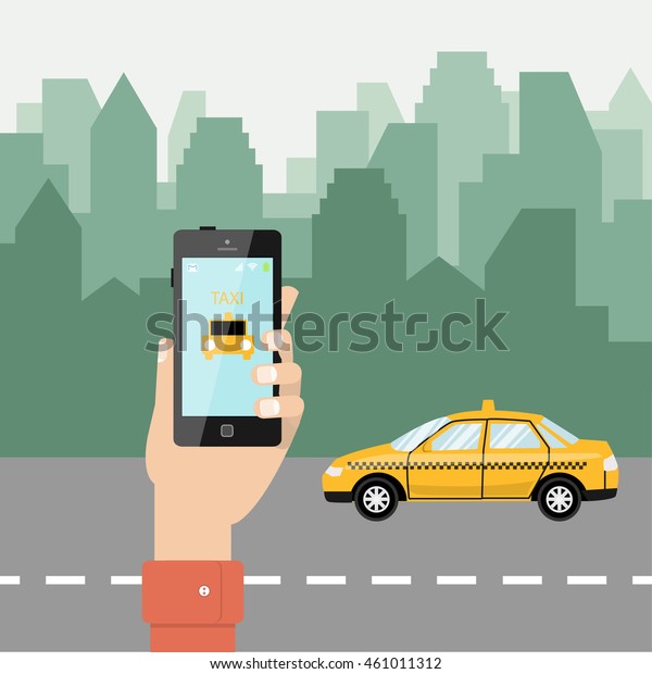 Calling a taxi cab. Hand holding a smart\
phone with a taxi service application on a screen. Cityscape\
background. Vector flat style\
illustration.