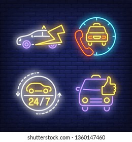 Calling taxi cab neon signs set. Transportation, vehicle, tourism design. Night bright neon sign, colorful billboard, light banner. Vector illustration in neon style.