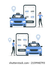 Calling a taxi. Colored flat vector illustration. Isolated on white background.