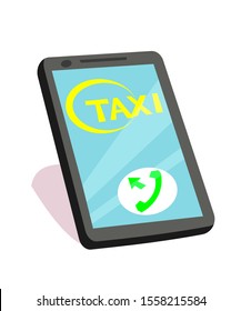 Calling taxi flat vector illustration. Mobile phone with interface taxicab isolated clipart on white background. Smartphone application, booking transportation service. City travel online app