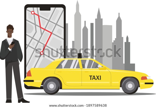Calling for taxi in phone app, car\
and device screen. Flat design illustration.\
Vector