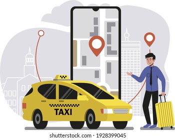Calling for taxi in phone app, device screen. Flat design illustration. Vector