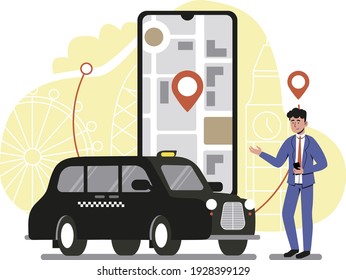 Calling for taxi in phone app, device screen. Flat design illustration. Vector