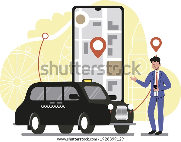 Calling for taxi in phone app, device screen. Flat\
design illustration.\
Vector