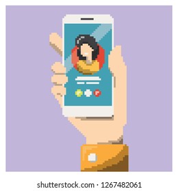 calling woman by smartphone in pixel art