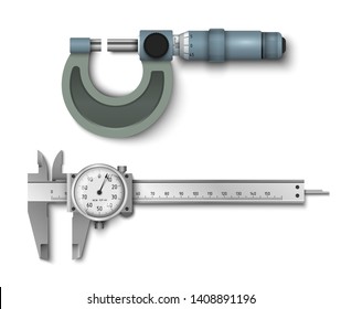 Calliper or caliper with analog dial. Micrometer. Measuring tools. Universal device designed to measure linear dimensions. Vector illustration isolated on white background.
