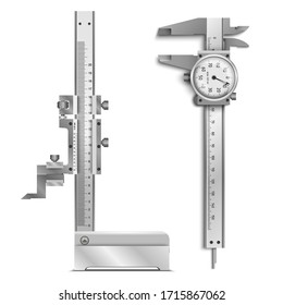 Calliper or caliper and height gauge. Measuring tools. Universal tool designed for high-precision measurements of external and internal dimensions. Vector illustration isolated on white background.