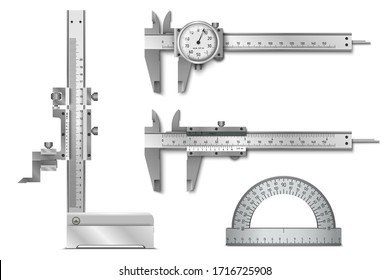 Calliper or caliper and height gauge. Protractor. Measuring tools. Universal tool designed for high-precision measurements of external and internal dimensions. Vector illustration.