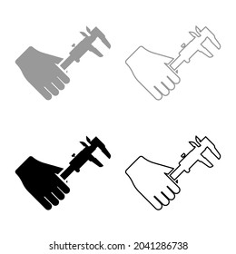 Kaliber in der Hand Kaliber in Arm Maßstab Messgerät Verwendung Set-Icon graue schwarze Vektorgrafik flach Bild