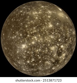 Callisto. Jupiter's moon Callisto on a black background. Texture map of the spherical surface of Jupiter's moon Callisto.