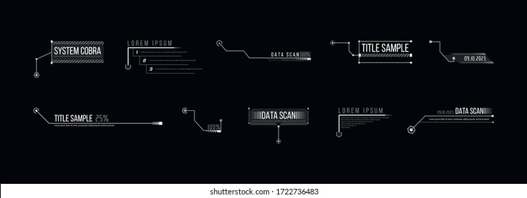 Callout, headers for infographics, advertising, video production on black background. Callout, headers vector illustration. Set of HUD futuristic sci-fi frame template. EPS 10.