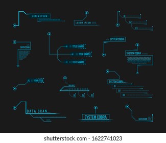 Callout, headers vector illustration. Callout, headers for infographics, advertising, video production on black background. Set of HUD futuristic sci-fi frame template. EPS 10.