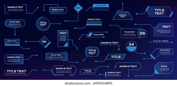 Callout shapes. Futuristic infographic elements with hologram labels, sci fi tech radar menu callout buttons and frames. Vector infographics elements collection. HUD information chart, title layout.