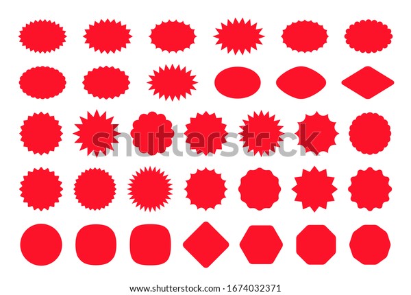 Callout star sticker. Starburst price badge.\
Vector. Burst promo shapes. Set red splash sunburst stamps isolated\
on white background. Round, cloud retail tag. Color illustration.\
Simple empty pricetag